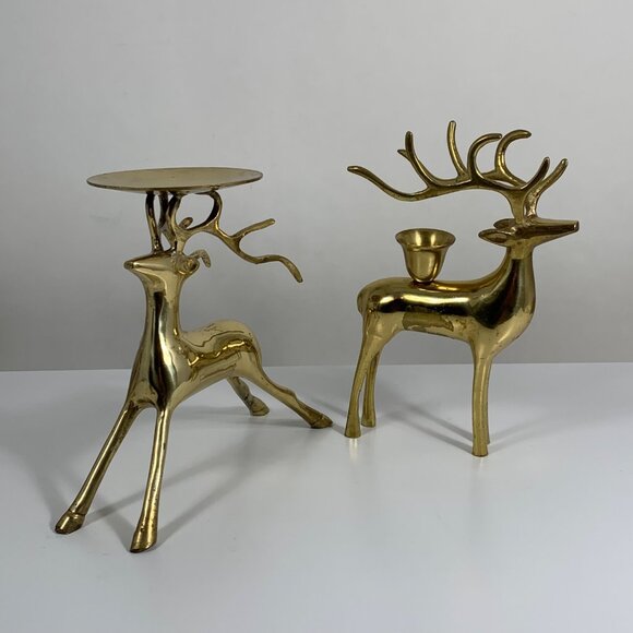 Vintage Brass Reindeer Elk Deer Candle Holders Set Of 2 Elegant Holiday Decor - Picture 1 of 12
